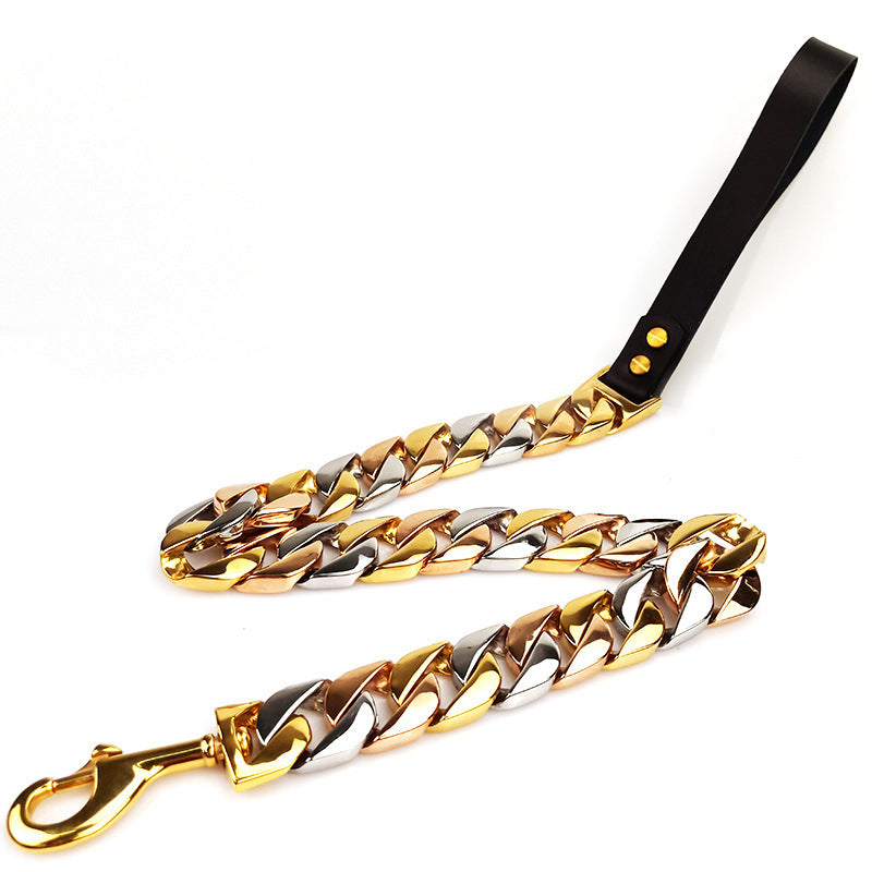Laisse chaîne pour chien en acier inoxydable 60 cm – couleurs or, or rose et acier – poignée cuir noire – Bagh & Rox