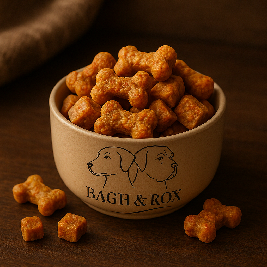 mélange de biscuits pour chien carrées et en forme d'os à base de pulpe de fruit